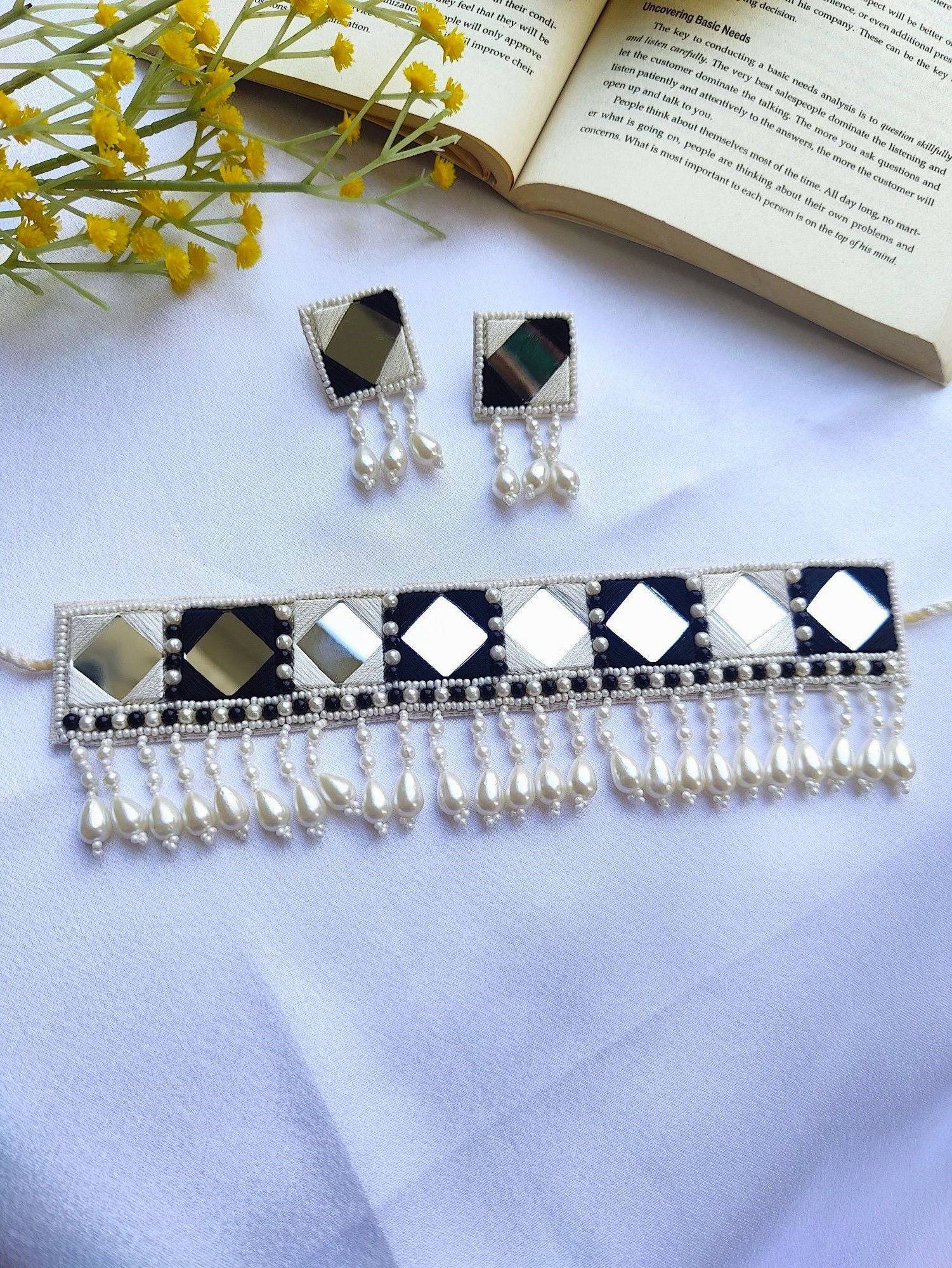 Mirror Glamour: Handcrafted Pearl-Embellished Black-White Choker Set