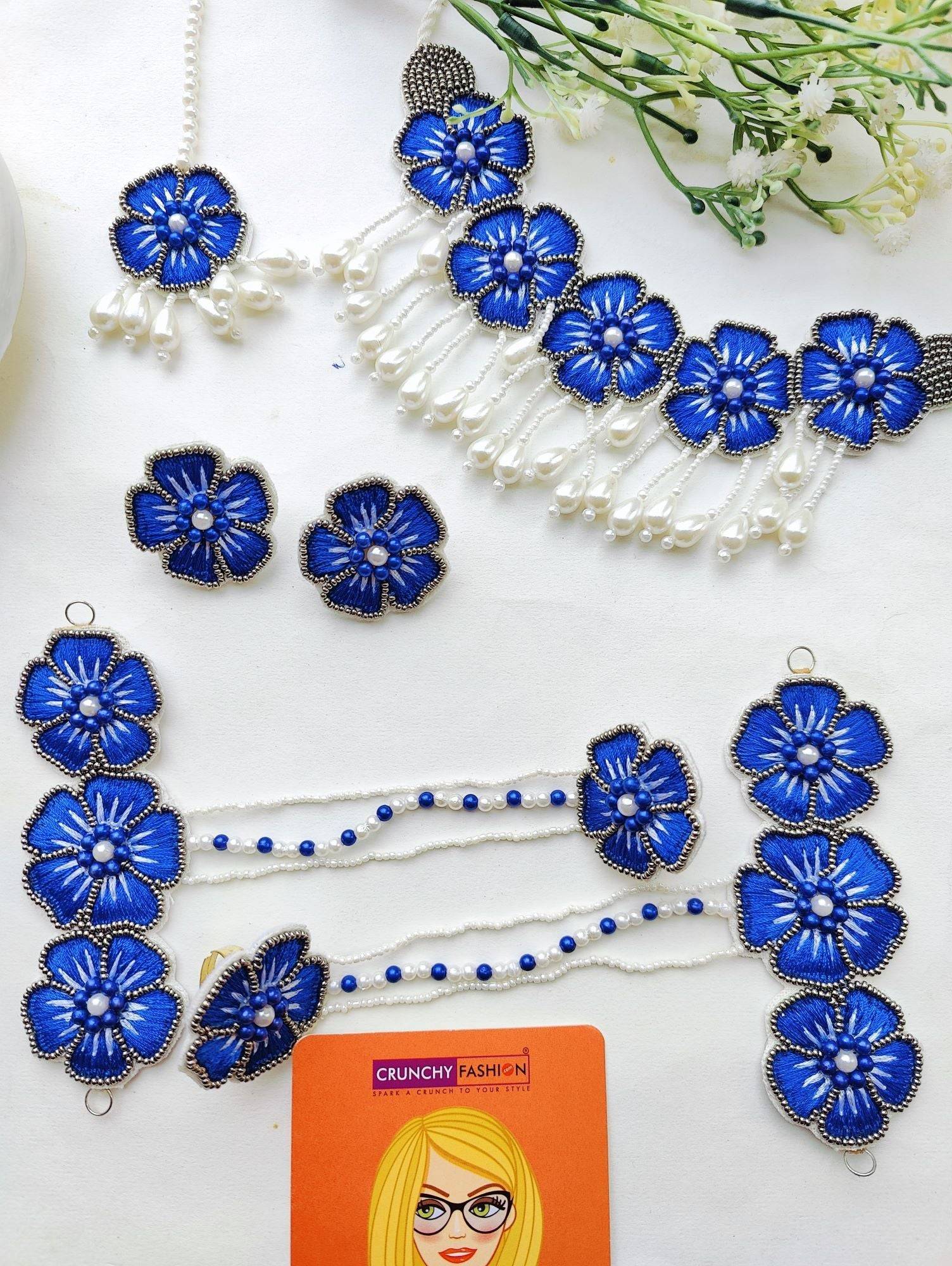 Versatile Royal Blue Blossom Haldi Jewelry Set for Women and Girls