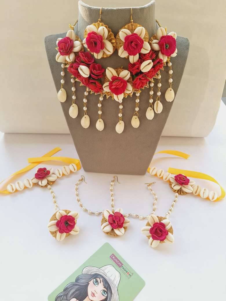 Beautiful Hot Pink/Magenta Floral Shells Haldi-Mehndi Jewelry Sets For Brides