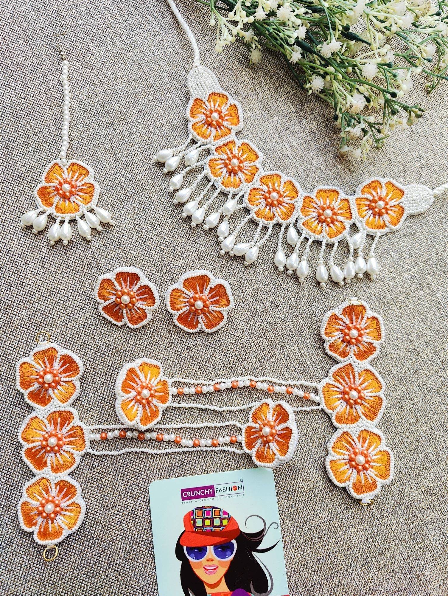 Rusted Orange Handmade Beaded Floral Haldi-Mehndi Jewellery Set