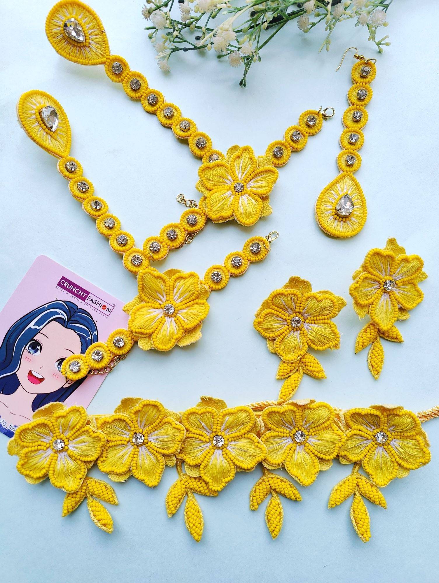 Yellow Floral Handmade Floral Jewellery Set for Haldi and Mehndi