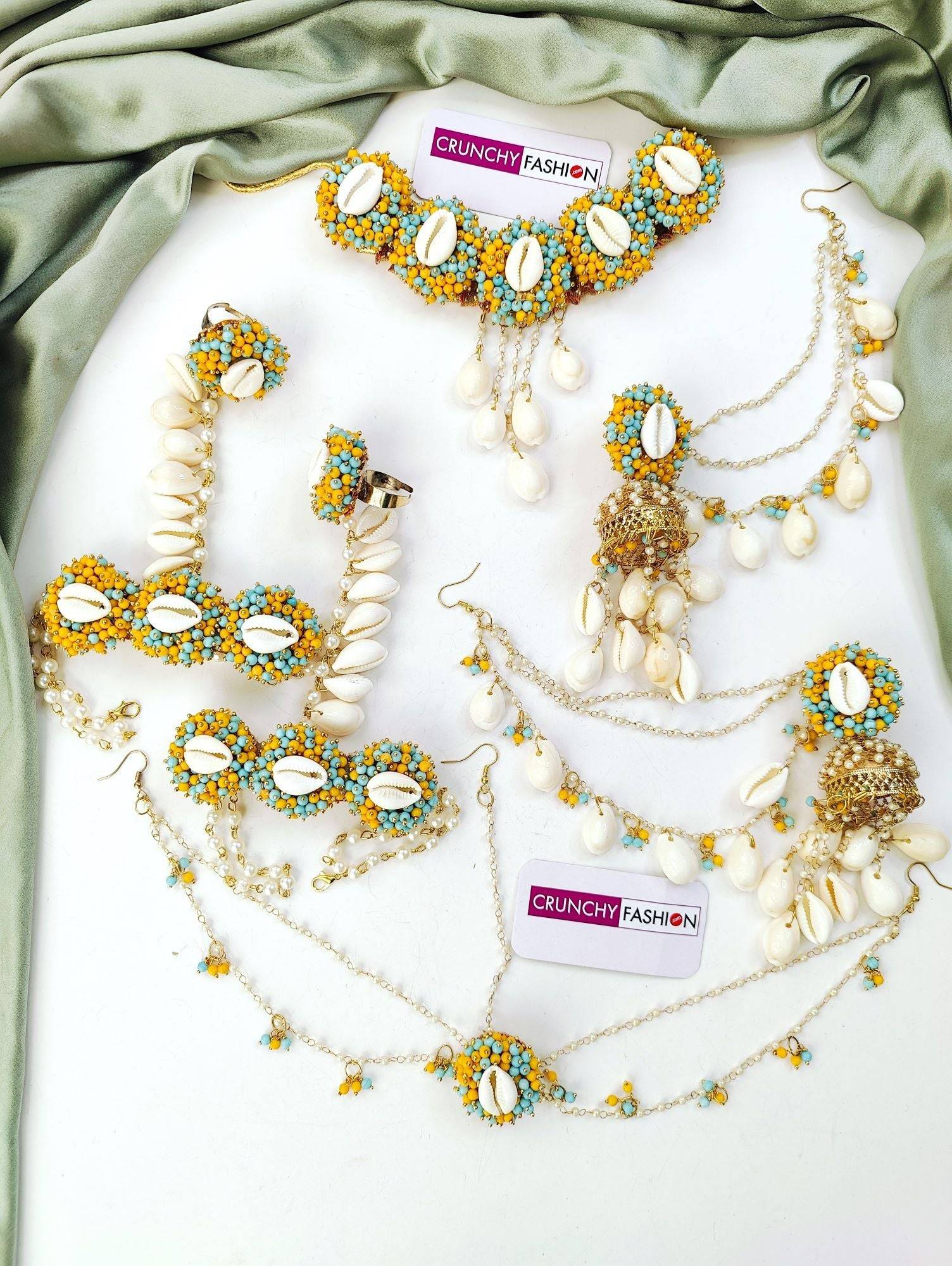 Yellow-Sky Blue Pearl & Sea Shell Jewellery Set for Haldi & Mehndi