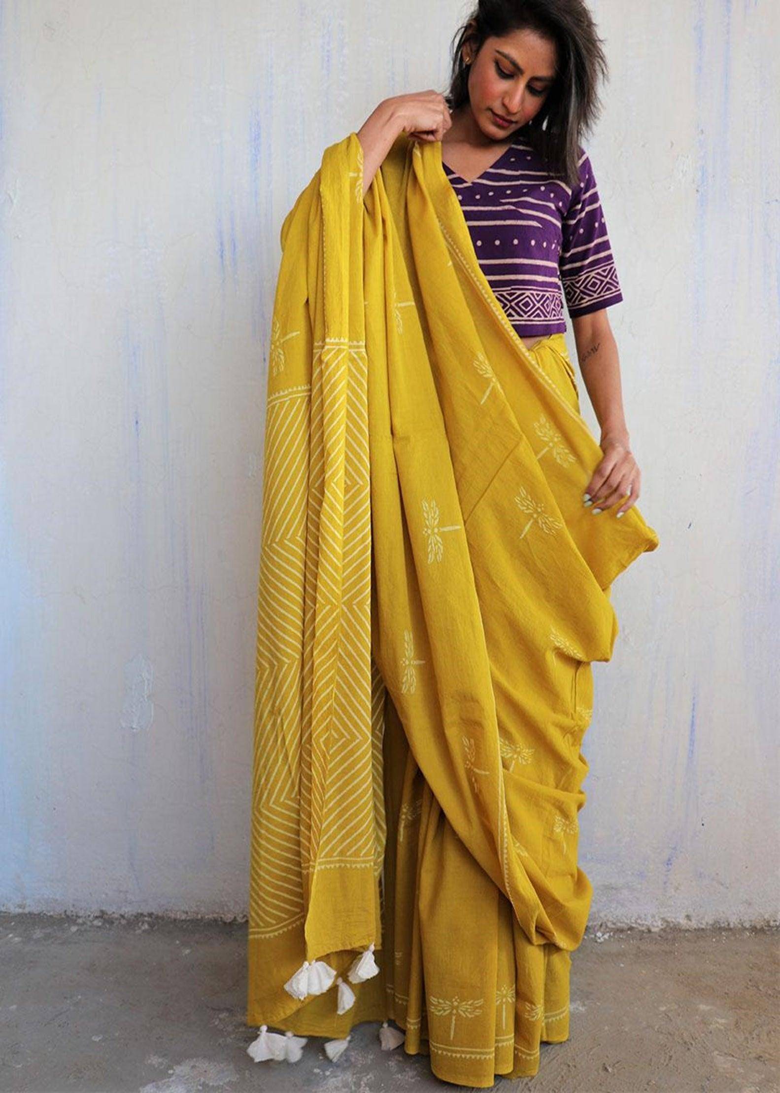Aponi Hand Blockprinted Cotton Saree - Butterfly Girls