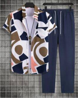 Classy Brown And Blue Patchwork On White Mens Full Set Trouser And Shirt Half Sleeves