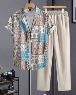 Classy Cream Mandala  Mens Full Set Trouser And Shirt Half Sleeves