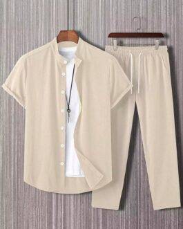 Plain Apricot Mens Full Set Trouser And Shirt Half Sleeves