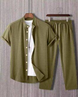 Plain Army Green Mens Full Set Trouser And Shirt Half Sleeves