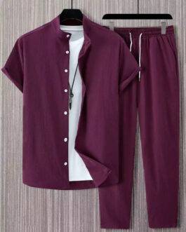 Plain Burgundy Mens Full Set Trouser And Shirt Half Sleeves