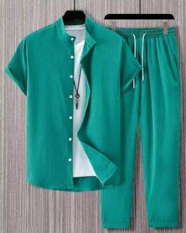 Plain Green Mens Full Set Trouser And Shirt Half Sleeves