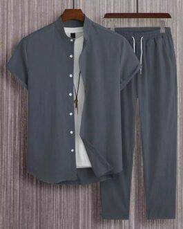 Plain Grey Mens Full Set Trouser And Shirt Half Sleeves