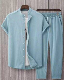 Plain Mint Blue Mens Full Set Trouser And Shirt Half Sleeves