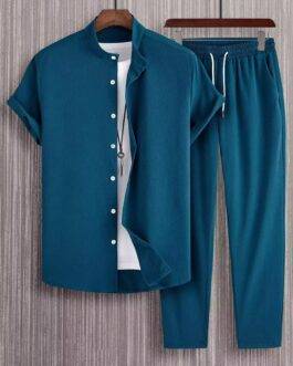 Plain Teal Blue Mens Full Set Trouser And Shirt Half Sleeves