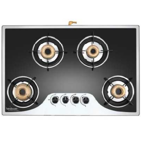 Hindware Cooktop, CORAL 4B, 4 Burner 75 cm Auto Ignition Glass Top Stainless Steel Burner 4 Medium Gas Stove (Black) Buy at only ₹12899