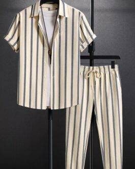 Cream Line Men’s Casual Half Sleeve Shirt and Trouser Co-ord Set