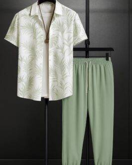 Leafy White Men’s Casual Half Sleeve Shirt and Trouser Co-ord Set