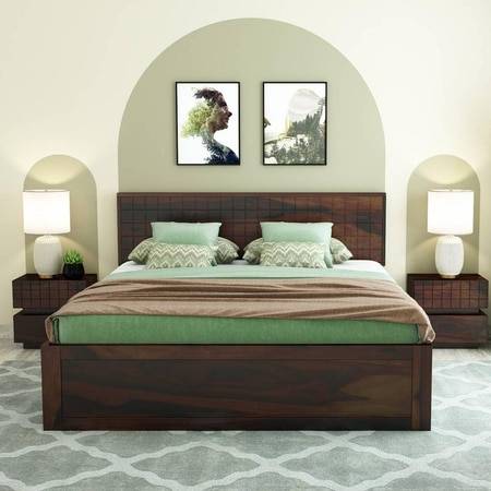 Esra Sheesham Wood Queen Size Bed Box Storage Walnut Finish (60 x 78 inches)