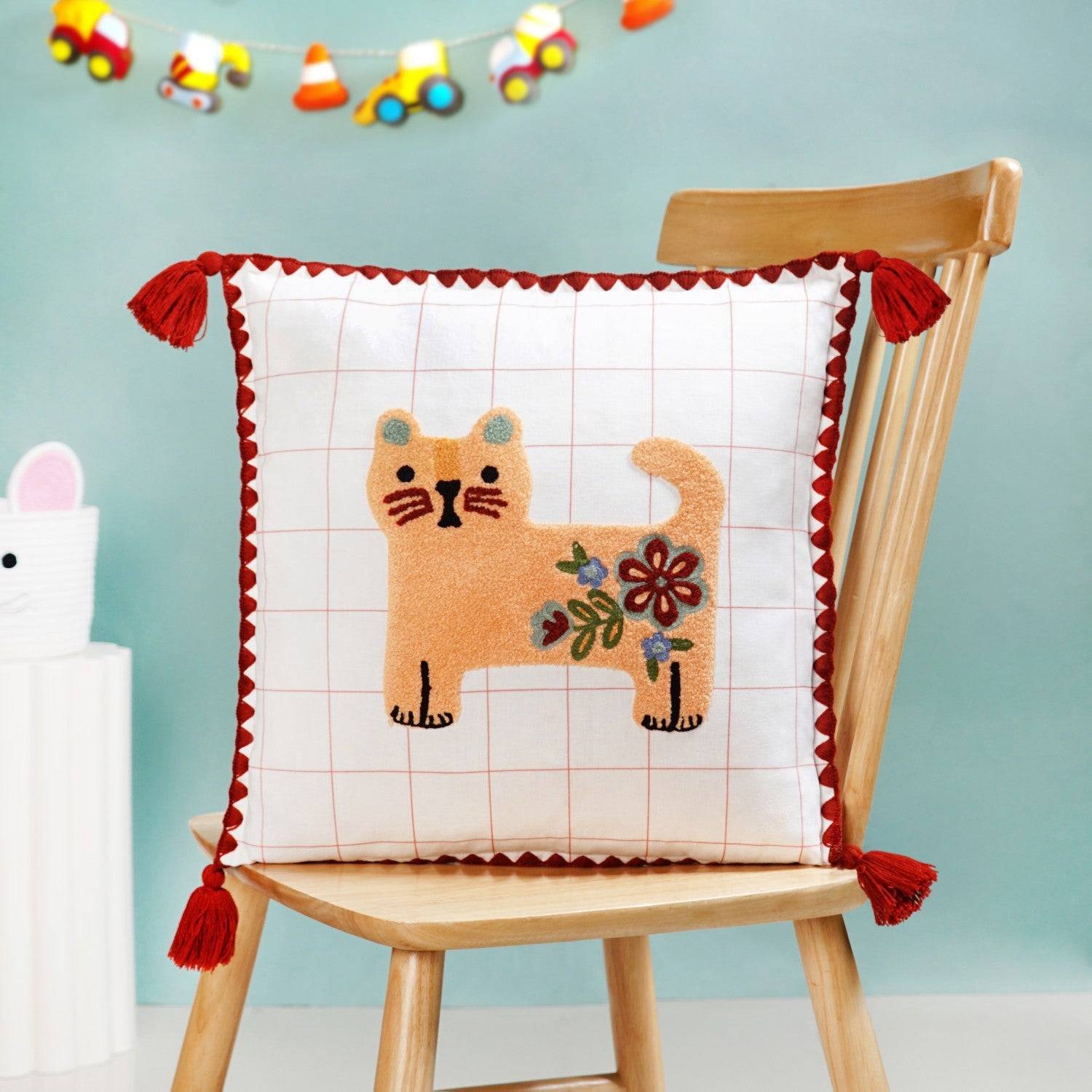 Floral Cat Embroidered Cushion Cover With Tassels 42x42cm