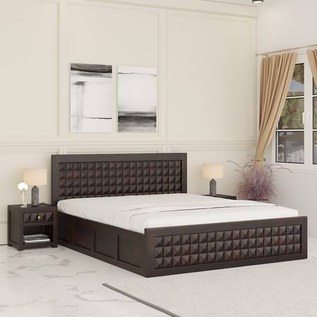Keaton Sheesham Wood King Size Bed In Walnut Finish With Hydraulic Storage (72 x 78 inches)