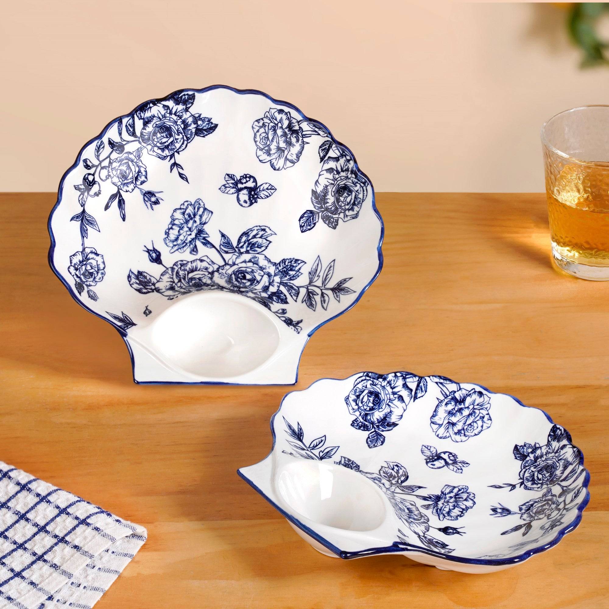 Chinoiserie Blue Ceramic Section Plates Set Of 2