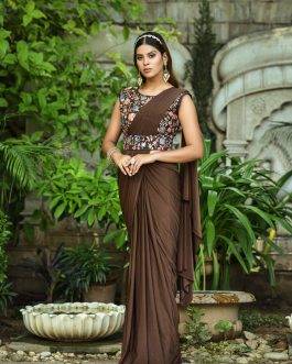Charming Lycra Chocolate Saree with Designer Blouse