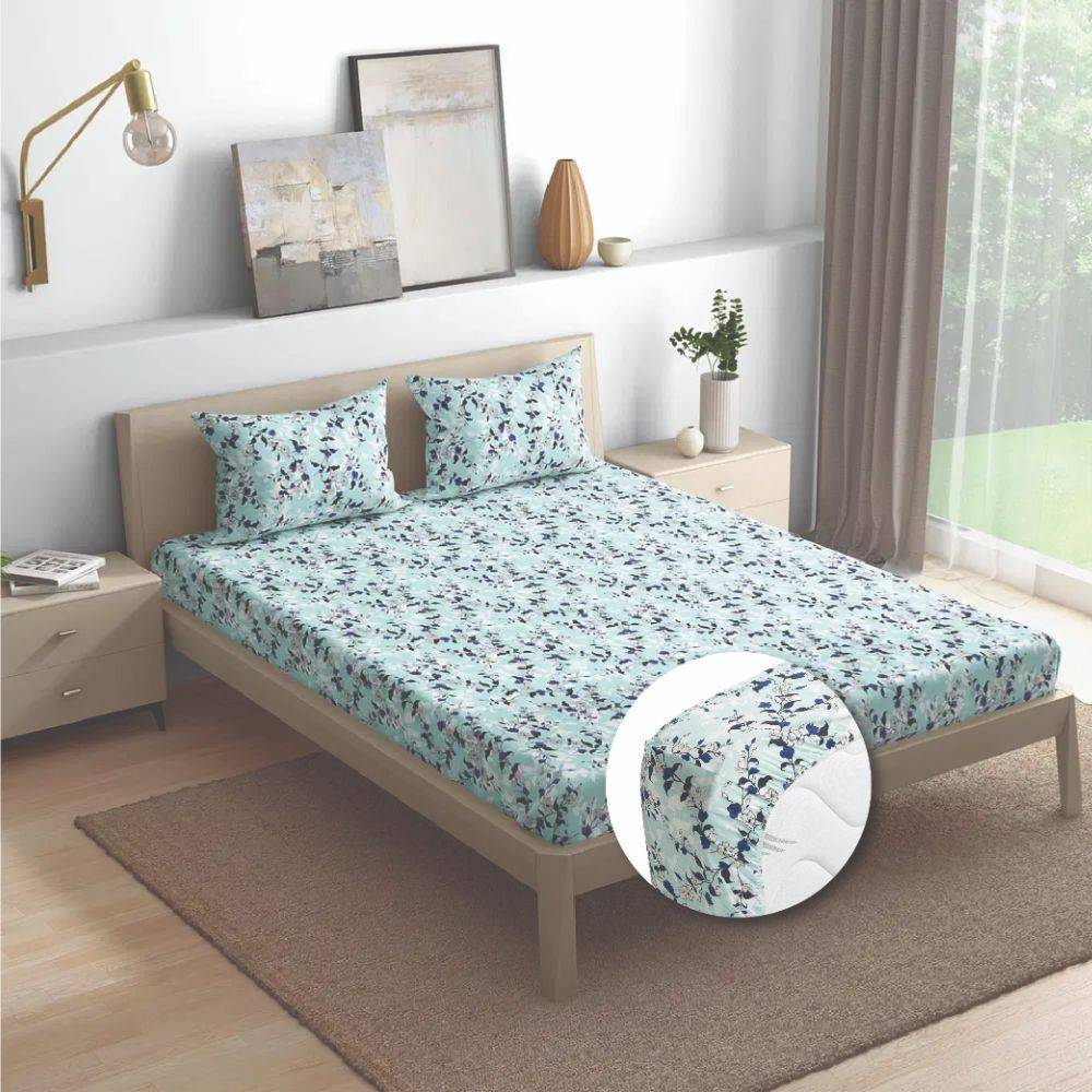 100% Cotton 200 TC Fitted Bedsheet With 1 Pillow Cover | Cicely (72x30 inch)