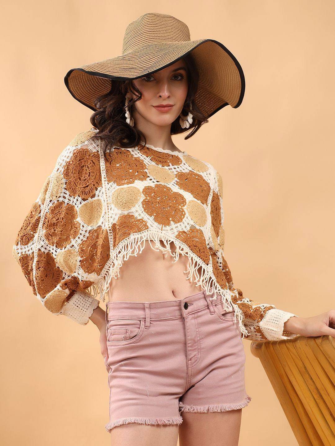 Kotty Self Design Batwing Sleeves Crop Top