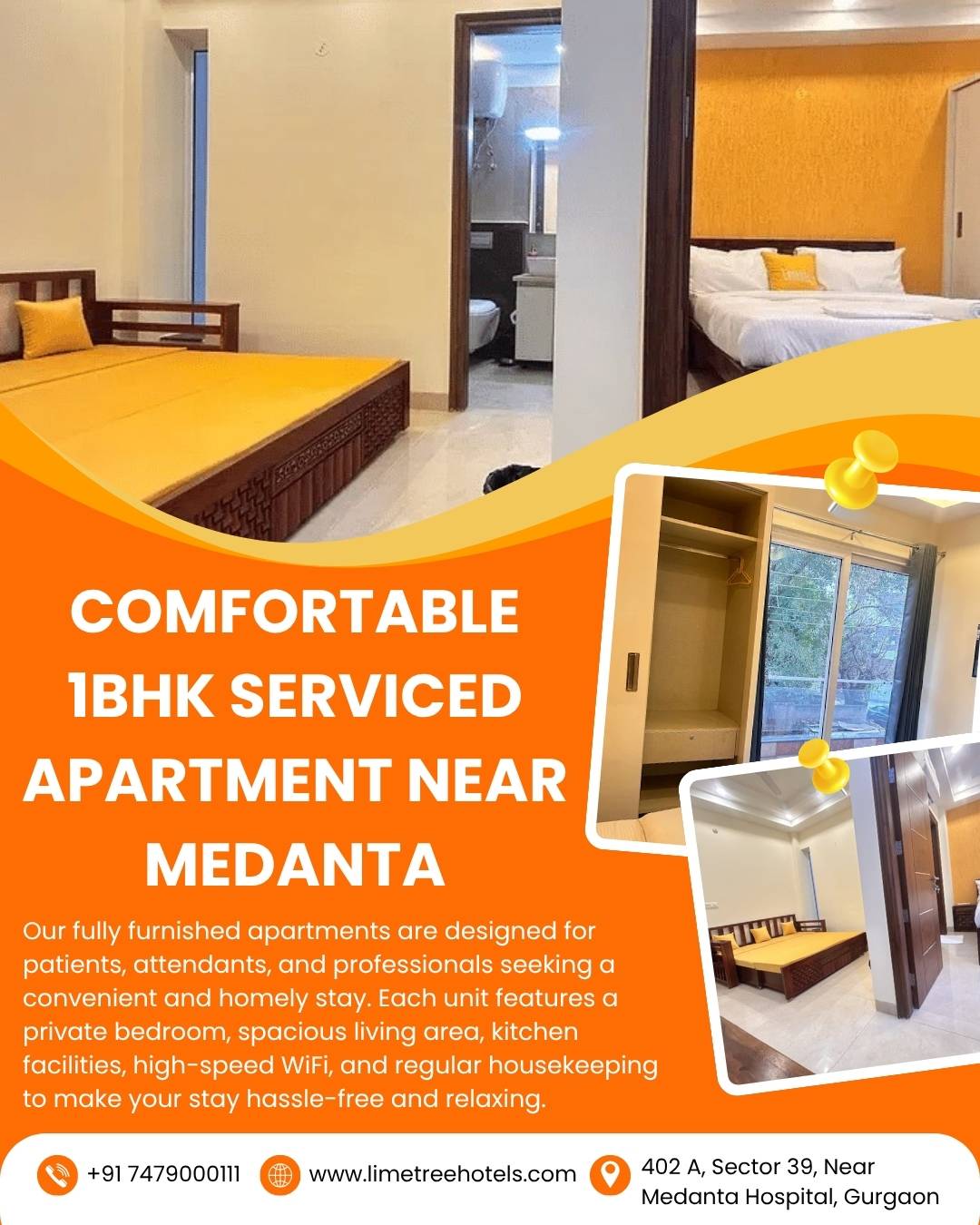 Comfortable & Well-Located 1BHK Serviced Apartment Near Medanta Gurgaon for Long Stay