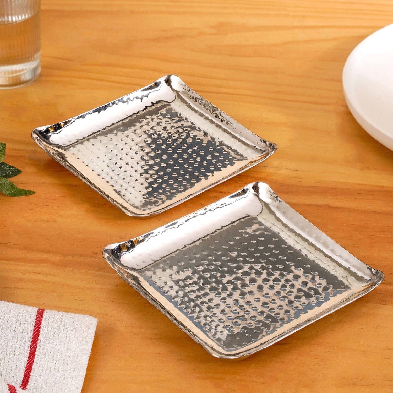Square Platter Hammered Stainless Steel Set Of 2