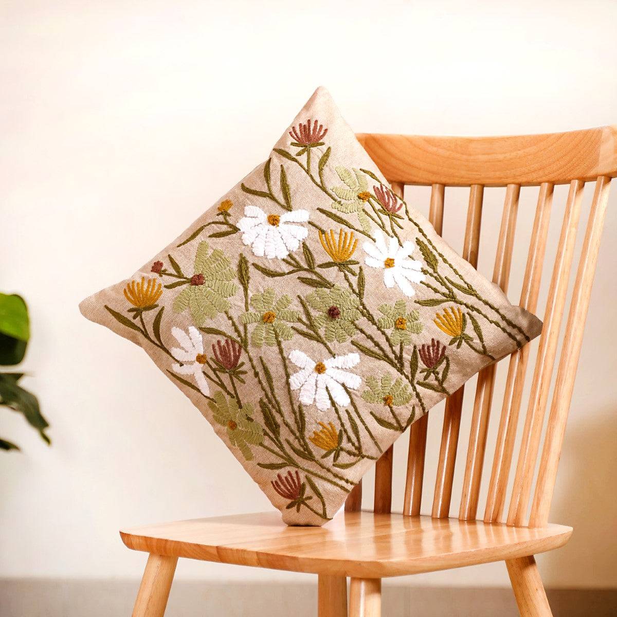 Wild Flower Embroidered Linen Cushion Cover 16x16 Inch