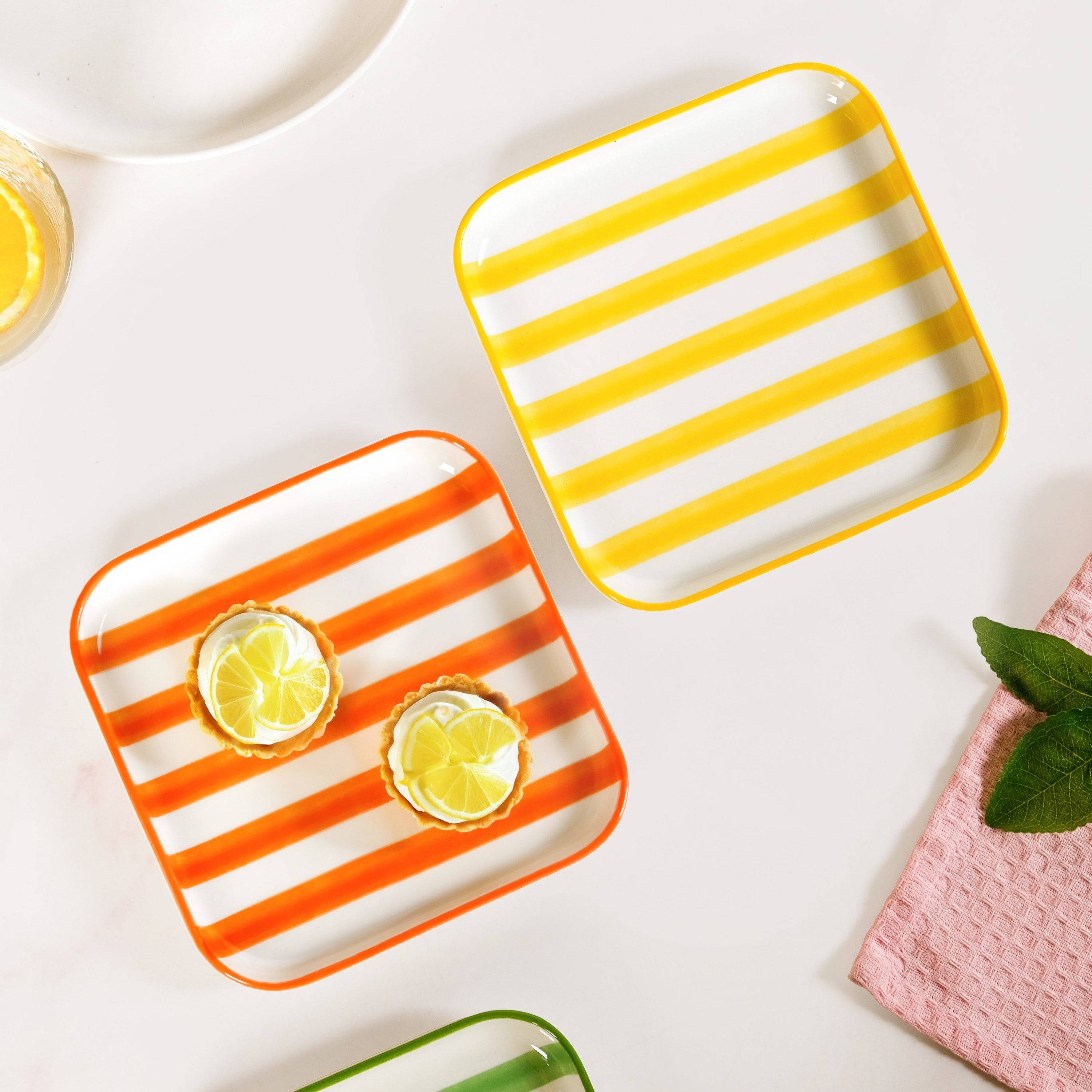Carnival Stripe Dessert Plates Set Of 2 16x16cm Orange Yellow