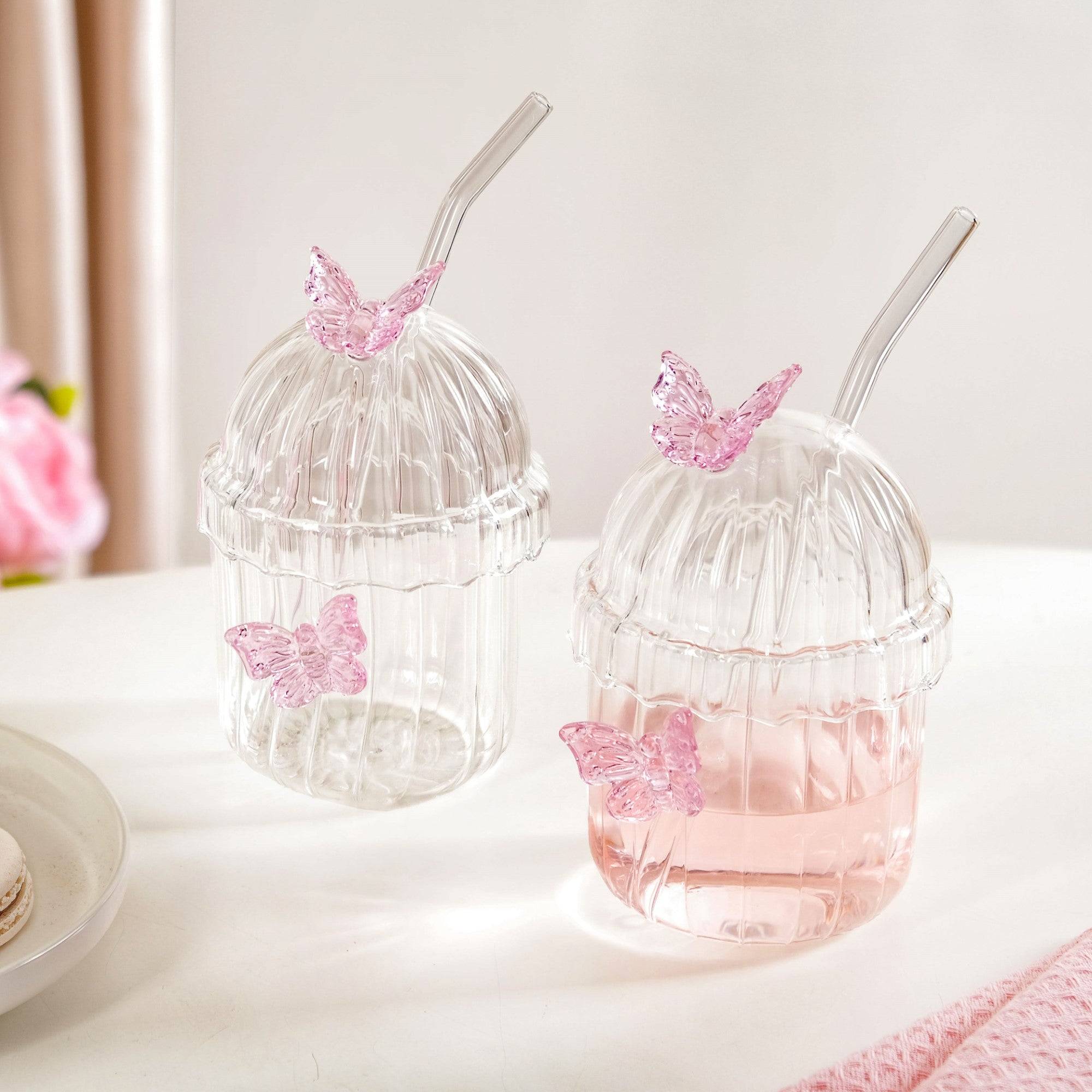 Crystal Fairy Core Butterfly Tumbler With Lid And Straw 450ml Set Of 2