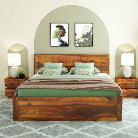 Esra Sheesham Wood Queen Size Bed Box Storage Honey OakOak Finish (60 x 78 inches)