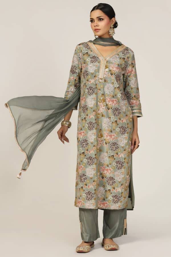 Sage Green Embroidered Crepe Ensemble Kurti