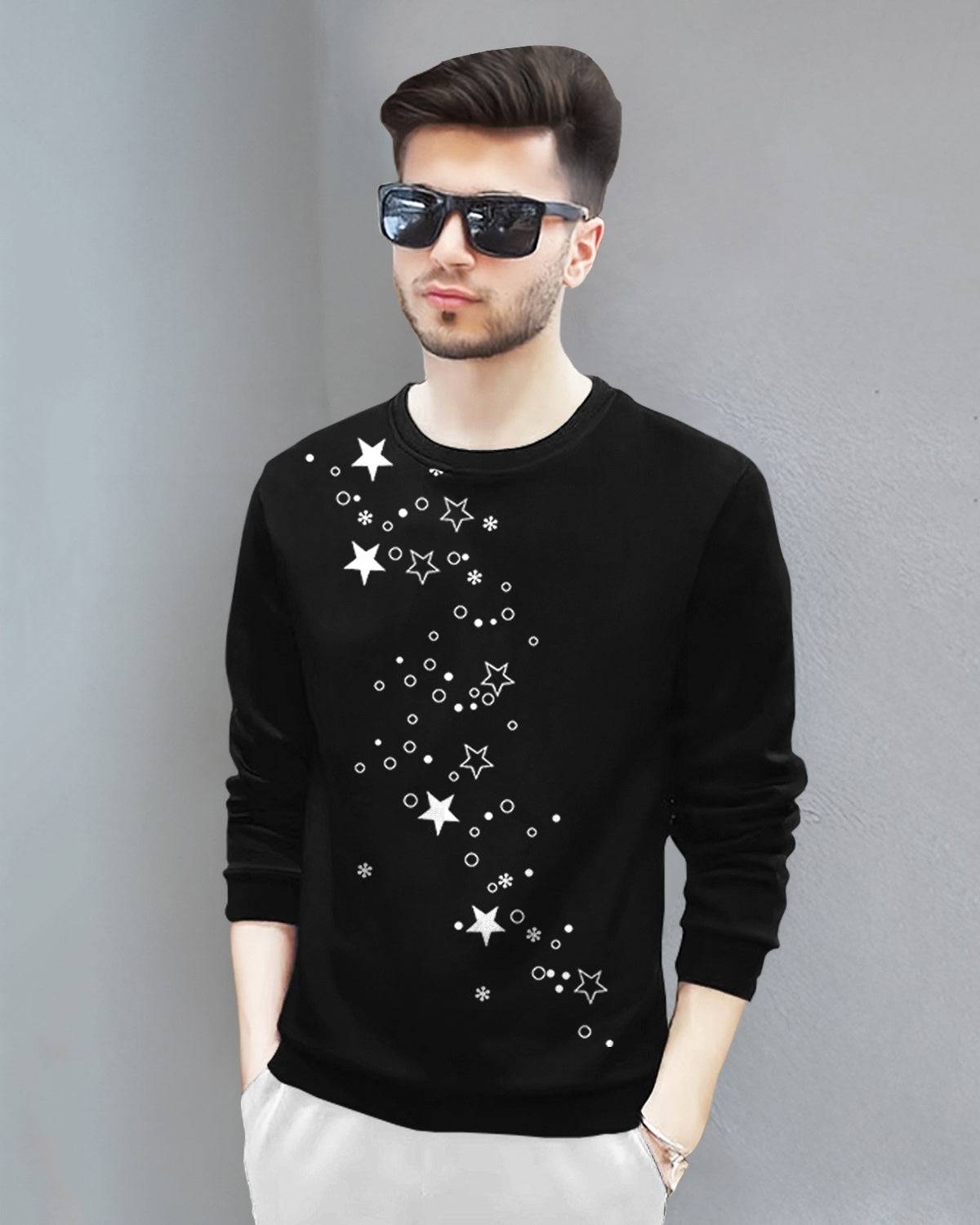 Men Full Sleeve Star Printed Round Neck Black T-Shirt