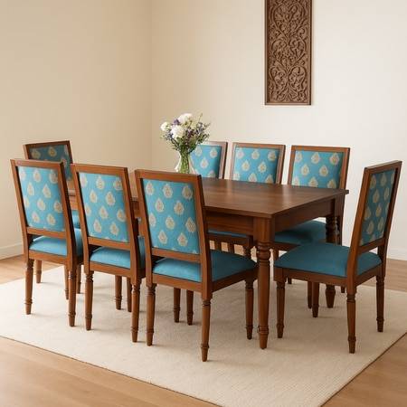 Globally Indian Sheesham Wood 8 Seater Dining Table Set With 8 Solid Wood Upholstered Chairs â€“  In Blue Color
