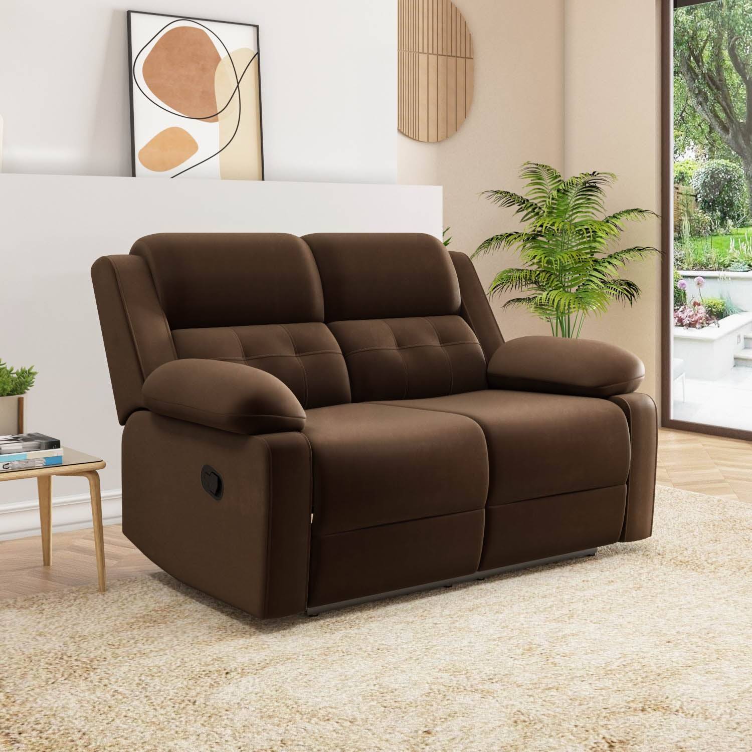 Derik 2 Seater Manual Fabric Recliner Sofa- Brown