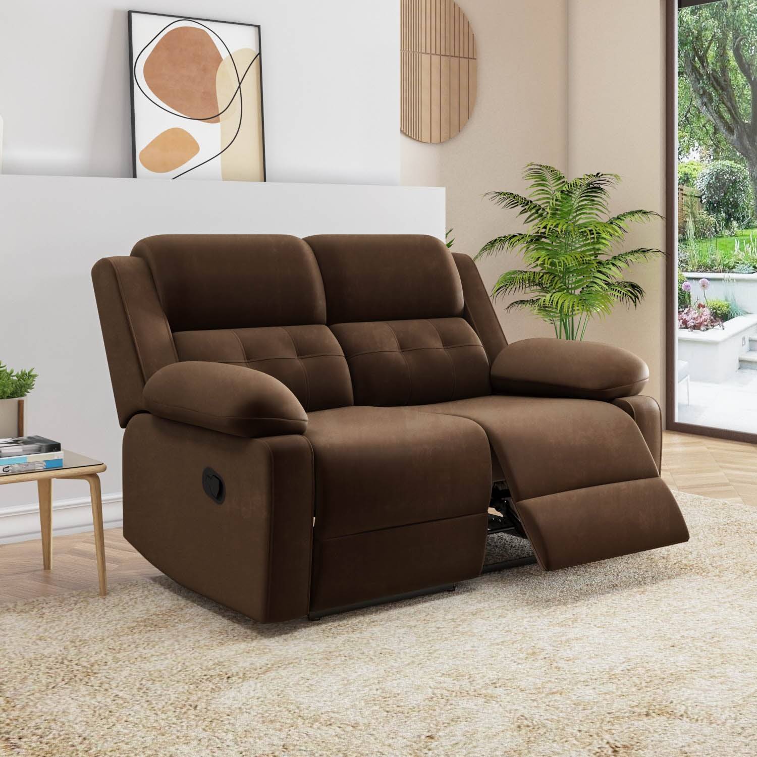 Derik 2 Seater Manual Fabric Recliner Sofa- Brown