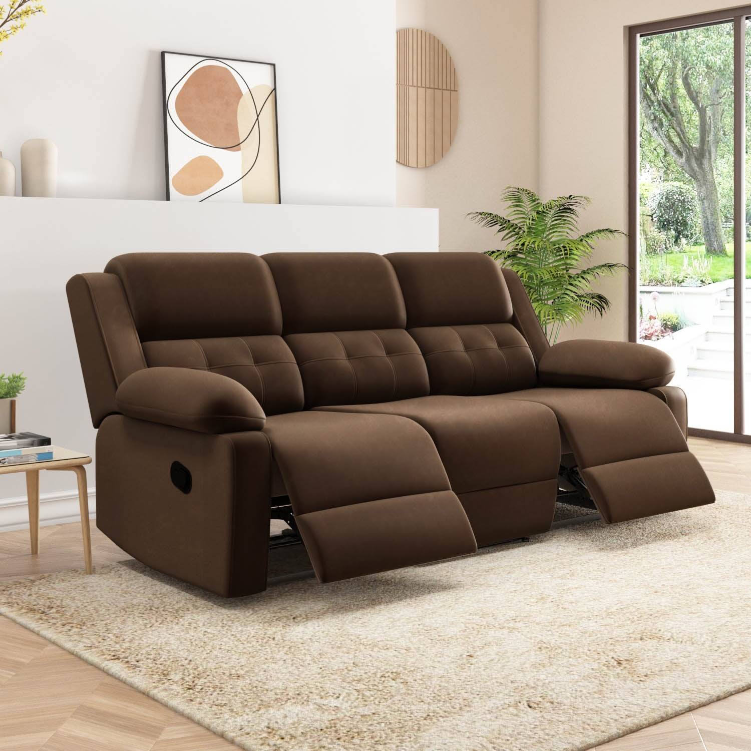Derik 3 Seater Manual Fabric Recliner Sofa- Brown