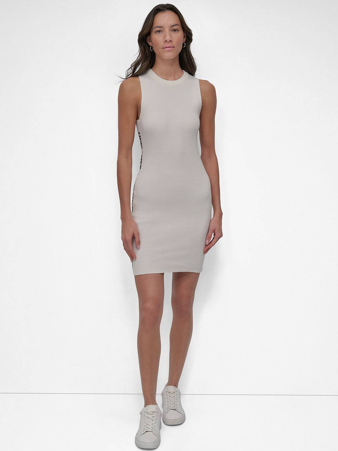 DKNY Women Cream Solid Round Neck Dress