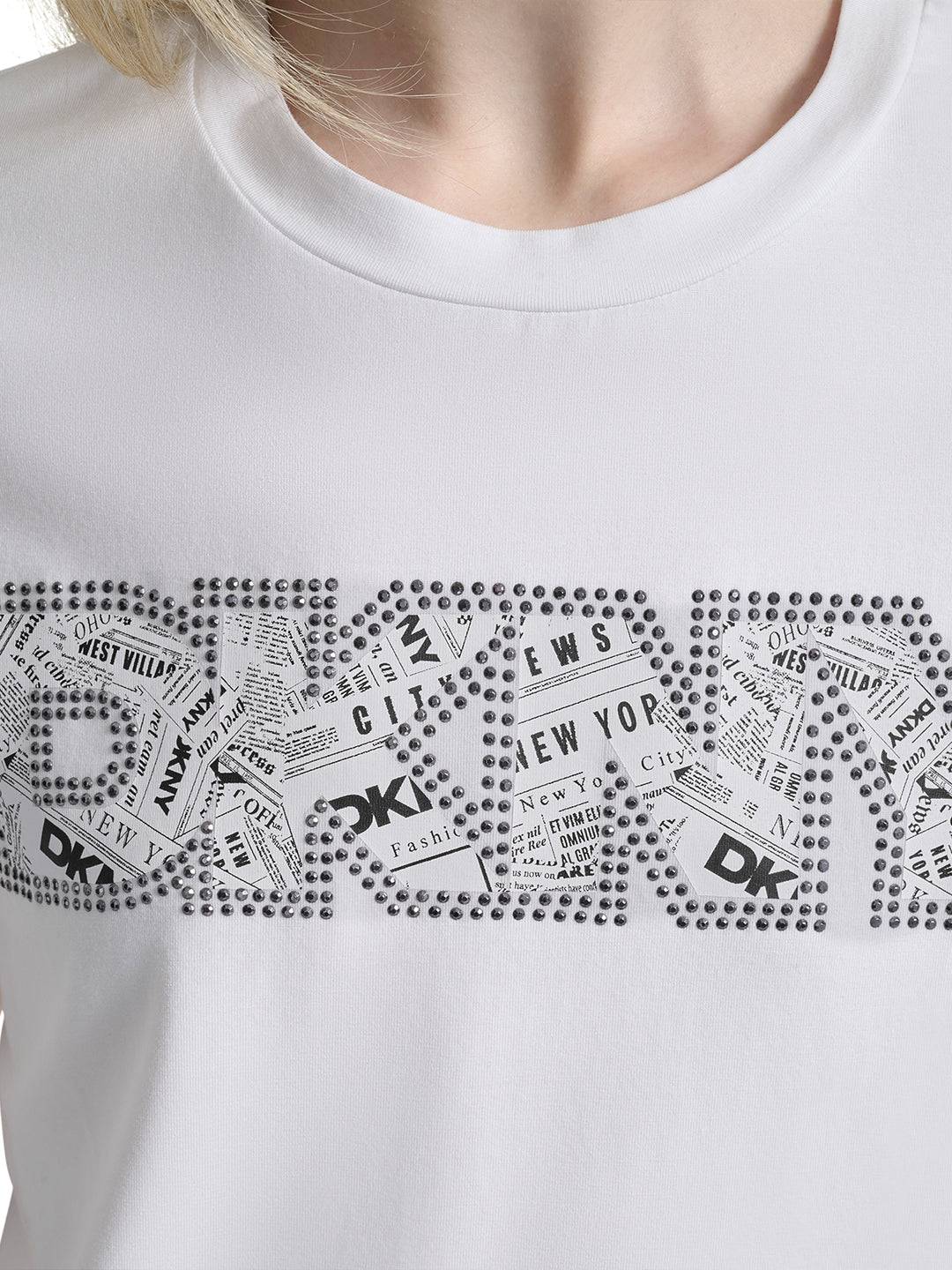 DKNY Women White Solid Round Neck Tshirt