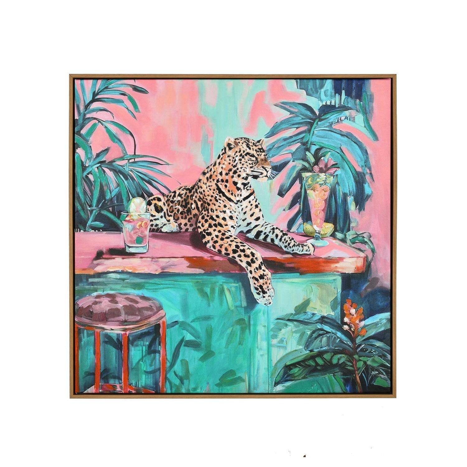 Sitting Tiger Canvas Wall Painting (Green & Pink)