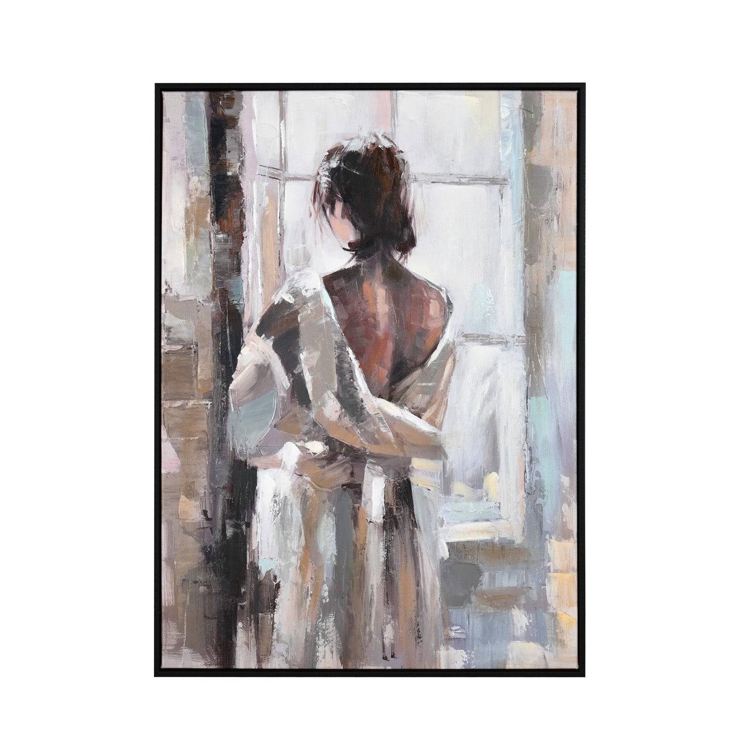 Lady by The Window Canvas Wall Painting (Black & Brown)