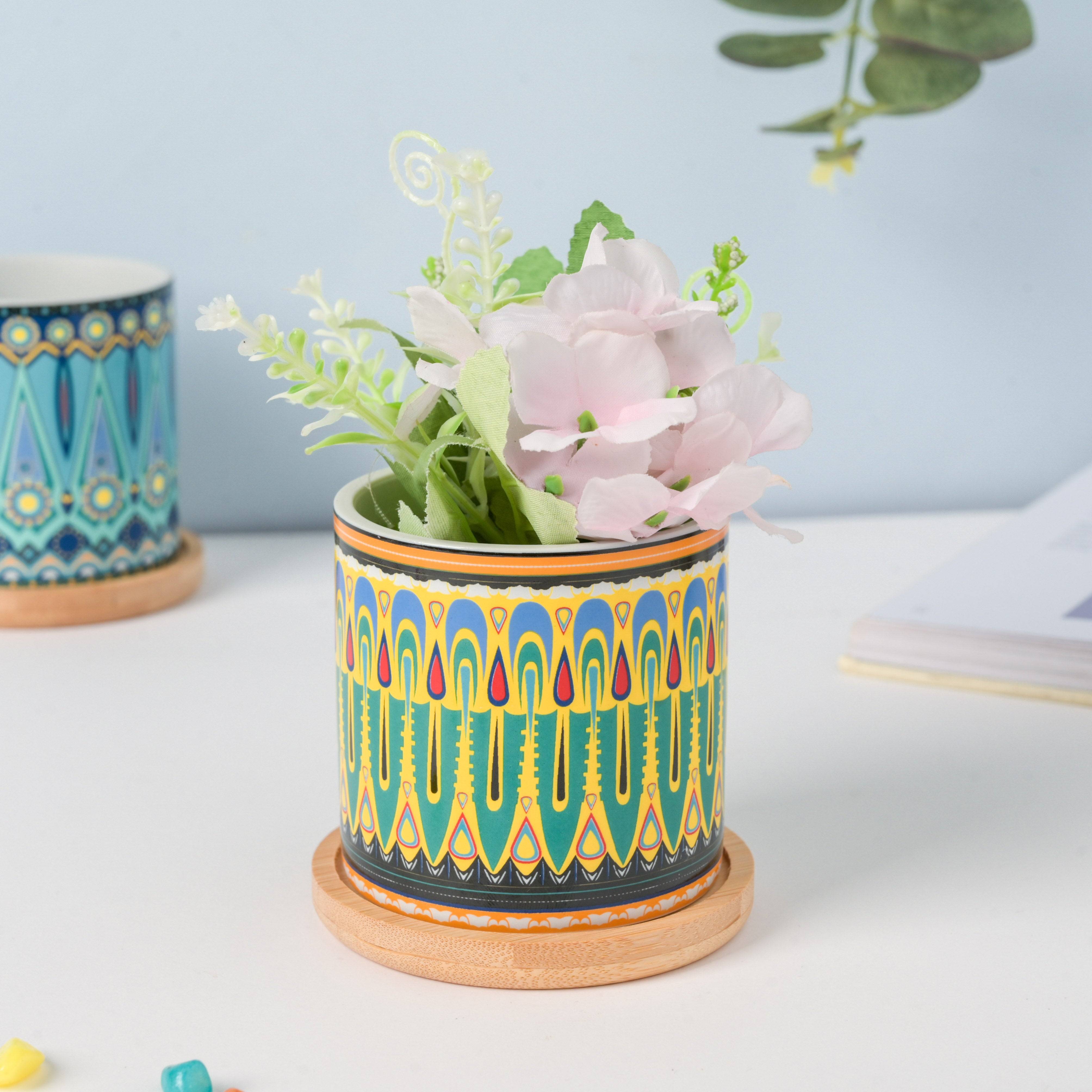Beaming Green Ceramic Planter With Coaster