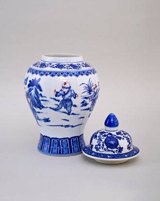 Blue and White Children Motif Temple Jar - 36 cm