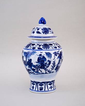 Blue and White Warrior Scene Temple Jar - 36 cm