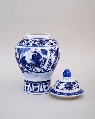 Blue and White Warrior Scene Temple Jar - 36 cm