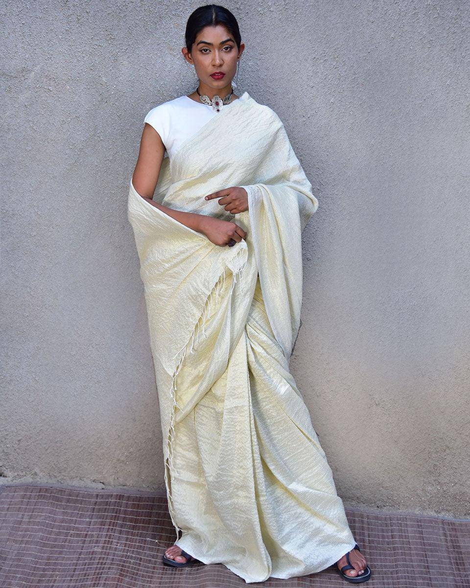 Milky Way Handwoven Linen Saree-Stardust