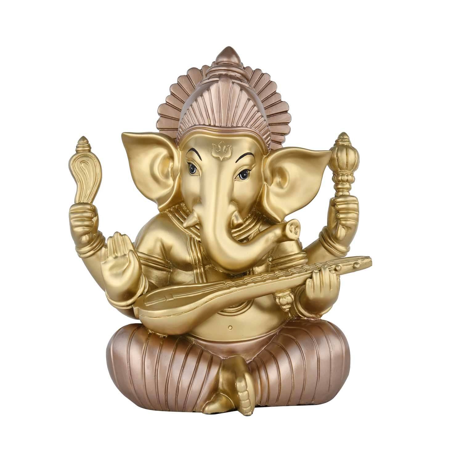 Ganesha Playing Sitar Decorative Polyresin Showpiece- Bronze and Gold