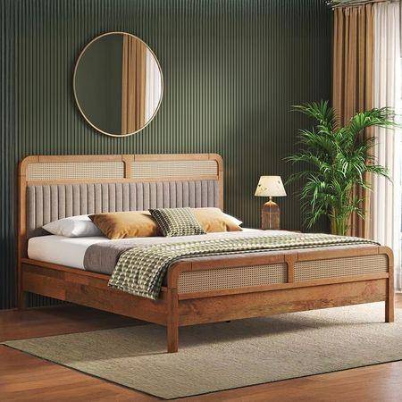 Hanoi Solid Wood Cane King Size Non Storage Bed In Amber Walnut Finish with Shitake Beige Colour