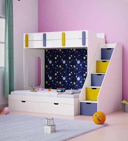Pattern Dreams Bunk Bed  6X5 (Drawers On Wheels) In White & Blue Colour